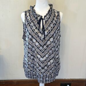 WHBM blue white patterned ruffle neck sleeveless blouson blouse Size L EUC